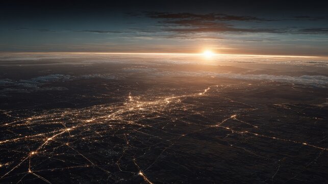 Aerial cityscape bathed in the golden hues of dawn, showcasing the illuminated urban sprawl beneath a vast, awe-inspiring sky. ..Created with Generative AI, not depicting real subjects.