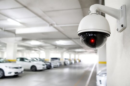 Surveillance security camera with a red indicator light is mounted on a pillar in a brightly lit indoor parking garage.