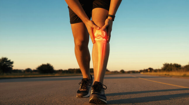 Runner holds aching knee with glowing bone graphic. Athlete feels leg joint pain, possible injury on outdoor road. Requires medical aid, physical therapy, sports medicine.