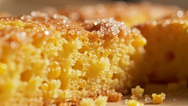 Closeup Macro Shot of Delicious Golden Cornbread with Sugar Crystals.