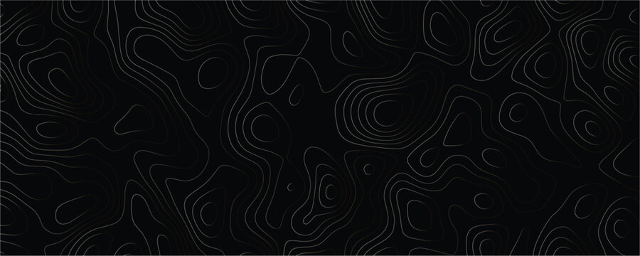 Topographic map contour lines pattern with thin grey strokes on a solid black background representing geographical elevation data and terrain mapping 1
