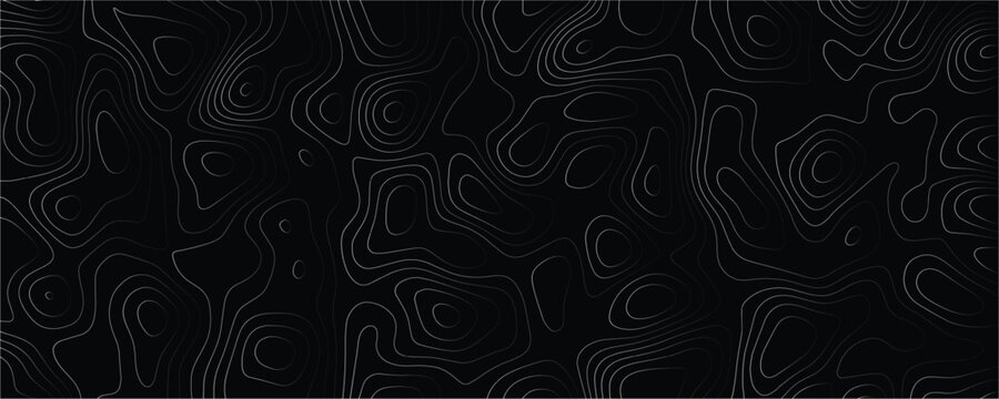 Dark black background featuring thin grey contour lines representing topographic map elevation patterns with flowing organic shapes and abstract wavy lines across the entire surface