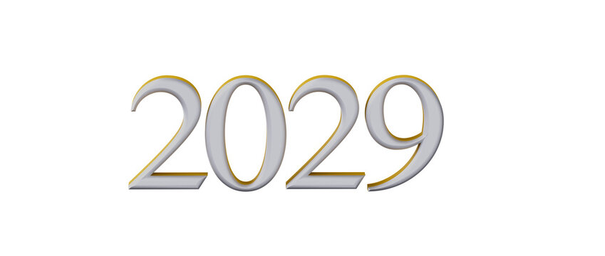 3D rendering of the year 2029 in a stylish silver font with gold accents, isolated on white backgrou