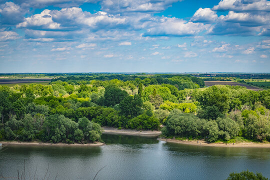 Scenic view of the Tisza River flowing through the Pannonian plain in Vojvodina, Serbia.