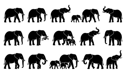 Realistic black elephant herd silhouettes safari wildlife animal vector illustration set © Md