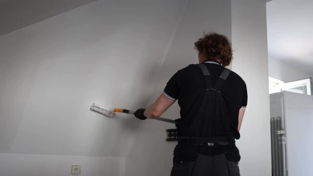 Young construction worker repainting apartment walls with roller during home renovation project creating fresh modern interior inside empty living space