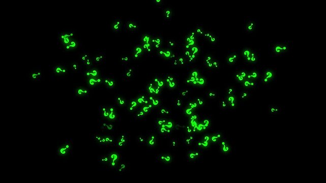 Green neon question marks drifting across black background, futuristic inquiry visuals with seamless motion loops for mystery and technology themed videos
