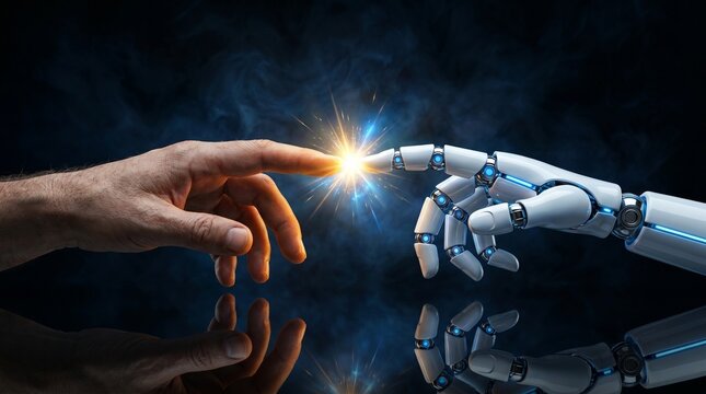 Close Up of Human and Robot Hands Reaching Out with Energy Spark Symbolizing AI Integration and Singularity