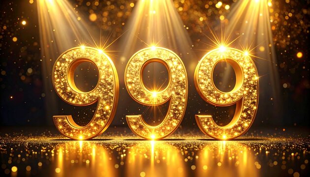 Golden glittering numbers 999 illuminated by spotlights on a sparkling stage.