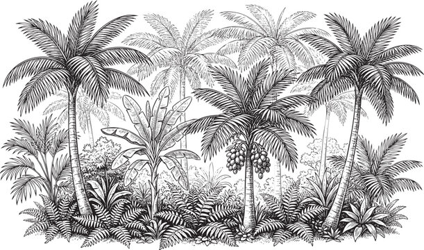 Tropical palm trees and exotic flora landscape, vintage hand-drawn vector engraving of coastal island vegetation and jungle plants.