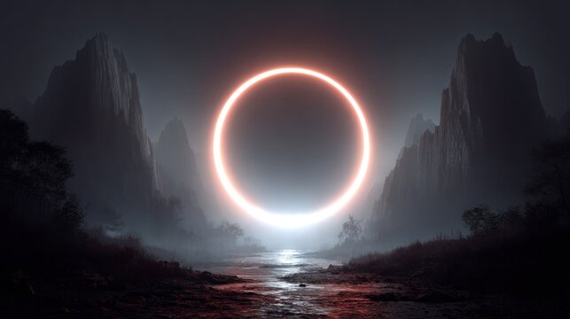 Brilliant luminous ring hovers over a dark, misty landscape nestled between towering rock formations.