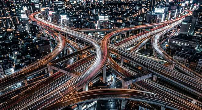 City Intersection at Night: Captivating aerial perspective of a complex highway interchange illuminated against a dark night sky, illustrating urban connectivity and efficient transport systems. 