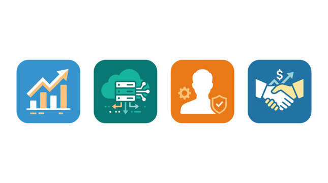 Set of four business and technology icons featuring growth charts cloud server infrastructure user security profile and professional partnership handshake