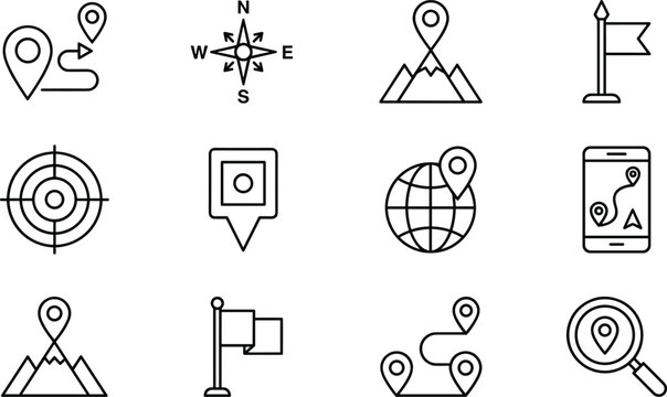 Navigation and Map Icon Set Featuring Location Pins, Compass, Flags, and GPS Devices
