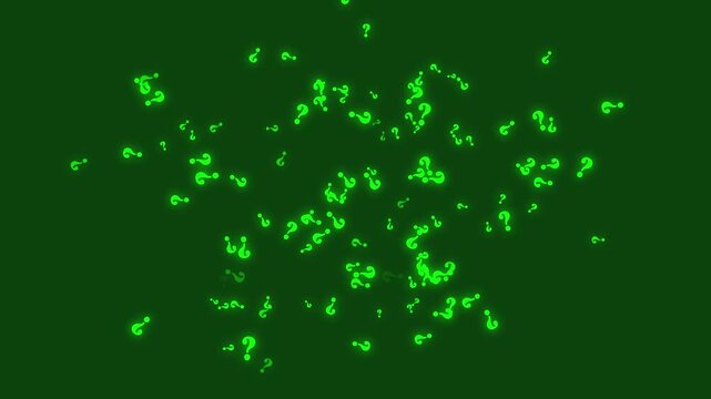 Green neon question marks drifting across dark background, futuristic inquiry visuals with seamless motion loops for mystery and technology themed videos