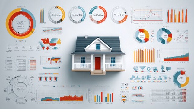 Three dimensional residential structure surrounded by diverse colored statistical infographics and financial data visualizations