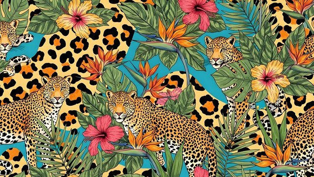 Vibrant tropical seamless pattern with majestic jaguars, exotic hibiscus, and bird of paradise flowers. Lush green foliage and bold leopard spots create a captivating jungle design