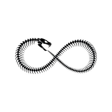 Black ouroboros snake skeleton symbolizing infinity loop on a clean white background