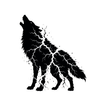 Black silhouette of a howling wolf with internal lightning bolt crack patterns on a white background