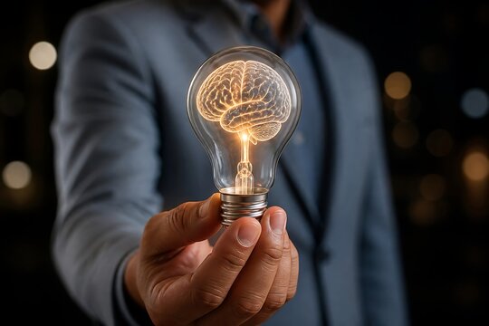 Person holds a clear light bulb containing a glowing human brain, representing a brilliant idea or innovation.