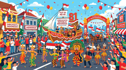 Obraz premium Vibrant Cultural Celebration Parade Illustration Showcasing a Joyful Crowd, Traditional Dancers, and Ornate Floats in a Festive City Setting, Embodying Unity and Heritage