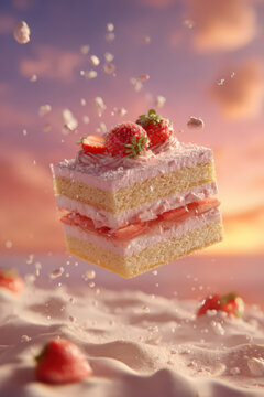 Strawberry cream cake slice with a rich strawberry compote layer and smooth soft pink cream, topped with fresh strawberries