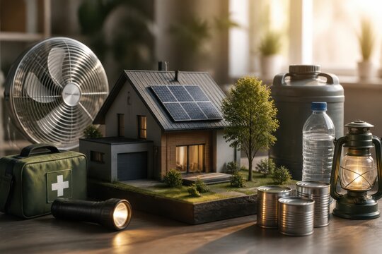 Miniature solar house with emergency supplies and sustainable home energy concept