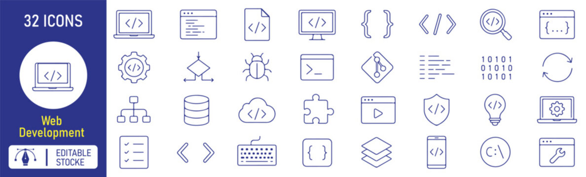 Set of 32 Web Development icons Each icon will be different, create a vector outline icons using white background and black color