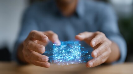 Naklejka premium A person's hands delicately cradle a luminous, futuristic holographic display. ..Created with Generative AI, not depicting real subjects.