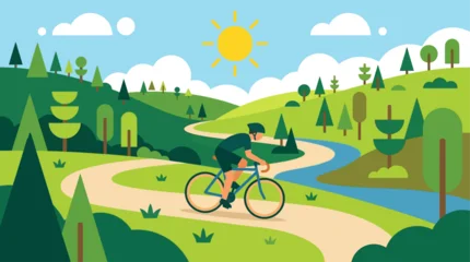 Fototapeten Lindgrün A vibrant illustration of a cyclist enjoying a scenic ride through a beautiful green landscape under a bright sunny sky, depicting outdoor activity and a healthy lifestyle  © HDrndom