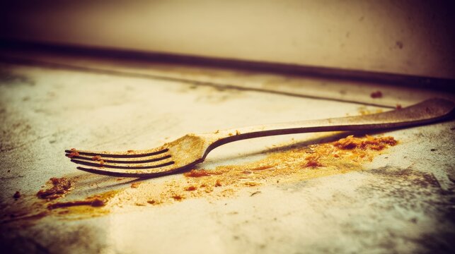 A Bent and Discolored Fork with Dried Food Smear on a Messy Surface