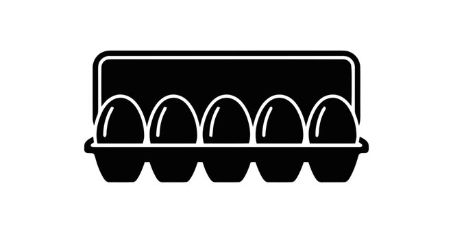 Vector illustration of black silhouette icon of an egg carton with five eggs on a transparent background