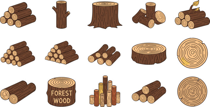 Wood Log and Forest Timber Vector Icon Set on White Background
