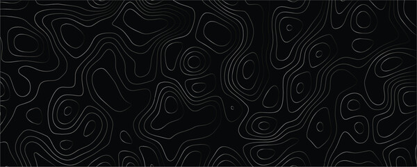 Topographic map contour lines pattern with thin white strokes on a solid black background representing geographical elevation data and terrain mapping 6 © VxGFX