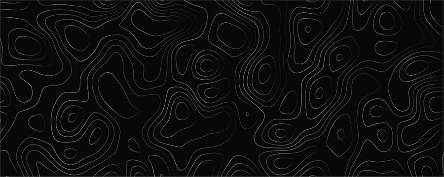 Topographic map contour lines pattern with thin white strokes on a solid black background representing geographical elevation data and terrain mapping 6