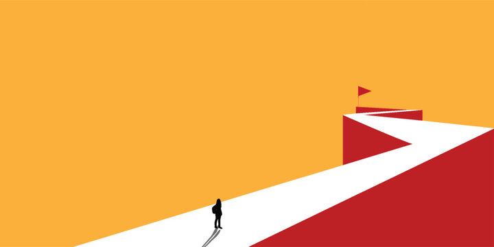 A lone silhouette of a person walks on a winding white path towards a red flag at the summit, symbolizing a journey, challenge, and the pursuit of a goal against an orange background.