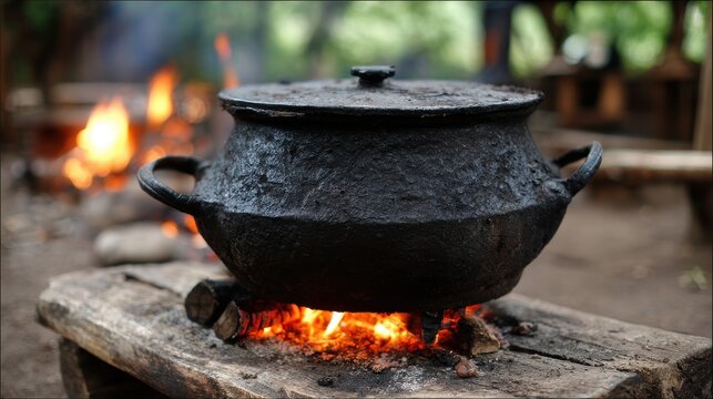 Aged Cast-Iron Cooking Cauldron Blackened by Years of Fire and Use, Bubbling Over an Open Flame