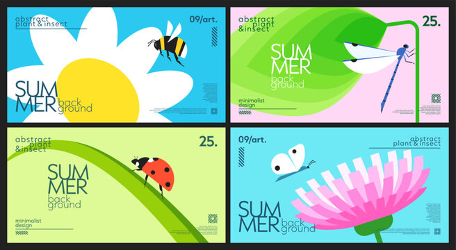 Set of nature summer horizontal backgrounds with bumblebee, dragonfly, butterfly, ladybug, flowers, grass, leaf. Simple modern design of insects and plants design for cover, banner, poster, wallpaper