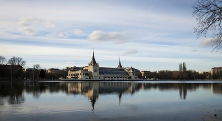 Obraz premium Ornate building reflected in calm lake, bare trees, winter sky