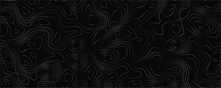 Topographic map contour lines pattern with thin white strokes on a solid black background representing geographical elevation data and terrain mapping 7