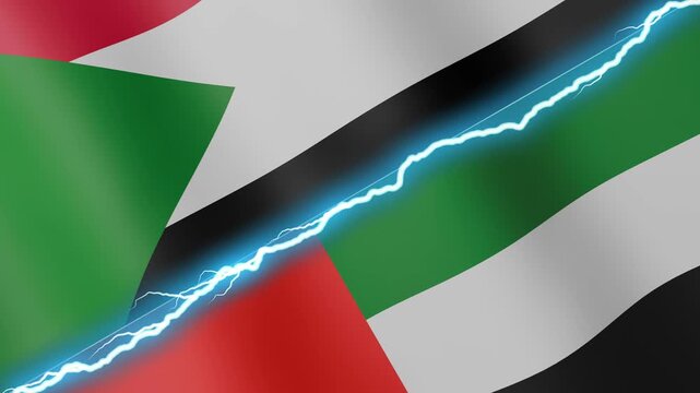 Two waving flags Sudan and United Arab Emirates with diagonal lightning seamless, 4k loop
