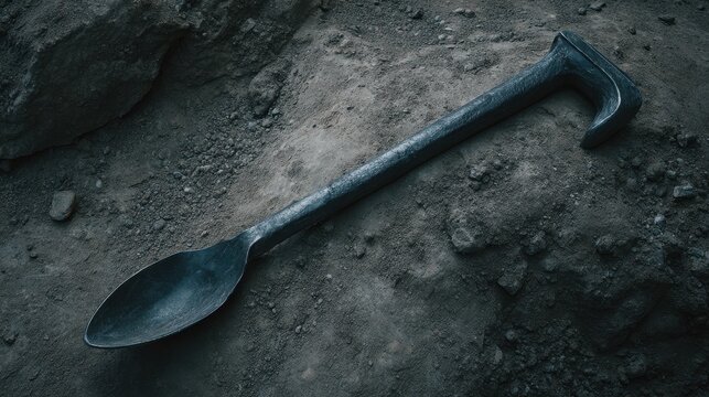 A worn and bent metal spoon used as a rudimentary digging tool rests on rough, textured ground.