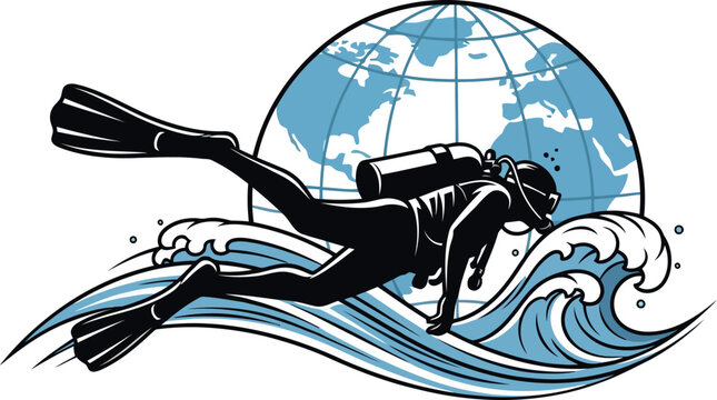 Scuba diver swimming on wave in front of globe