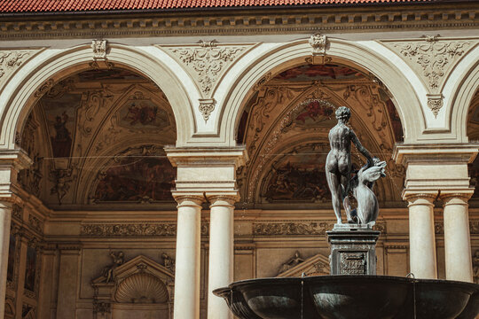 Baroque Sala Terrena and bronze fountain in Wallenstein Garden in Prague, Czech Republic.