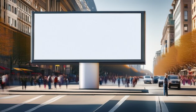 a dynamic stock photo of an empty billboard positioned on a busy city street with pedestrians and traffic passing by