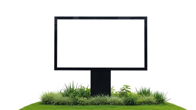 A blank rectangular billboard standing on a small patch of green grass