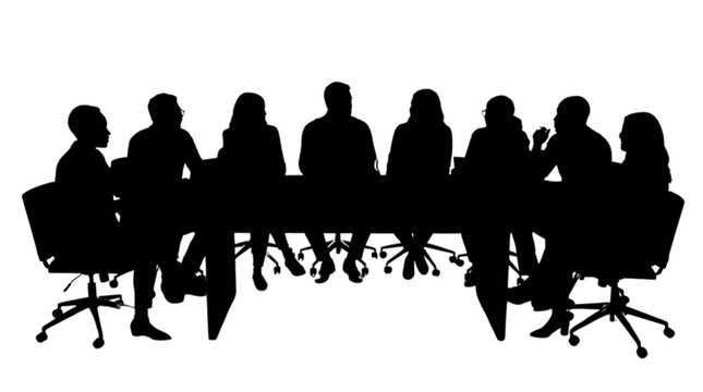 Silhouette of people meeting around a table isolated on transparent background, Vector