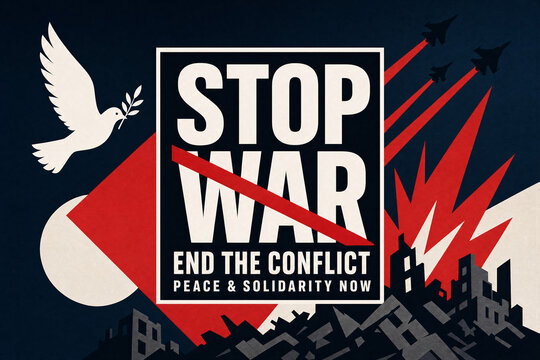 Stop war poster with dove and end the conflict message