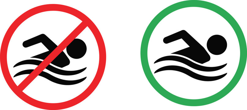 No Swimming Prohibited Danger Sign And Allowed Safe Swim Zone Circular Vector Icon Set Isolated On White Background For Public Beach Pool Security