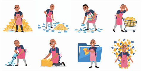 Fototapeta premium Cartoon Character Man Cleaning and Organizing Digital Files and Folders Illustration Set